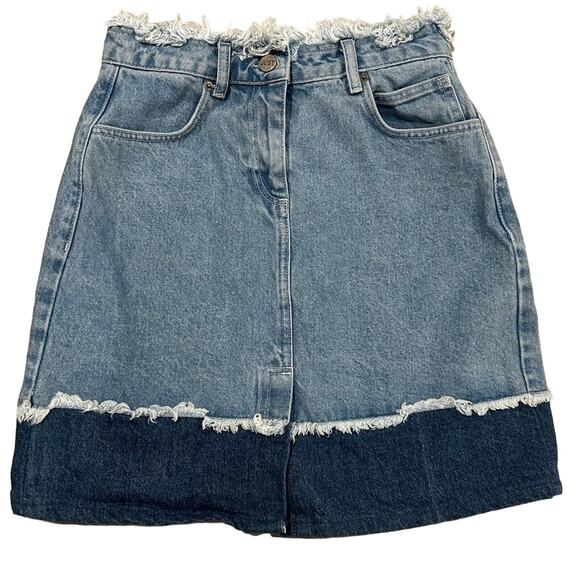 JUST Jean Skirt Two Tone Zip Frayed RARE Streetwear Modest Denim Y2K Knee Length - Picture 1 of 10